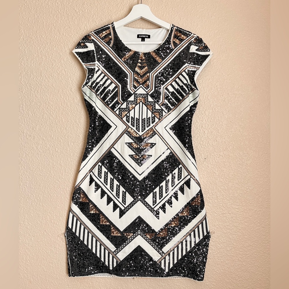 Express Sequin Deco Cap Sleeve Silver Sheath dress